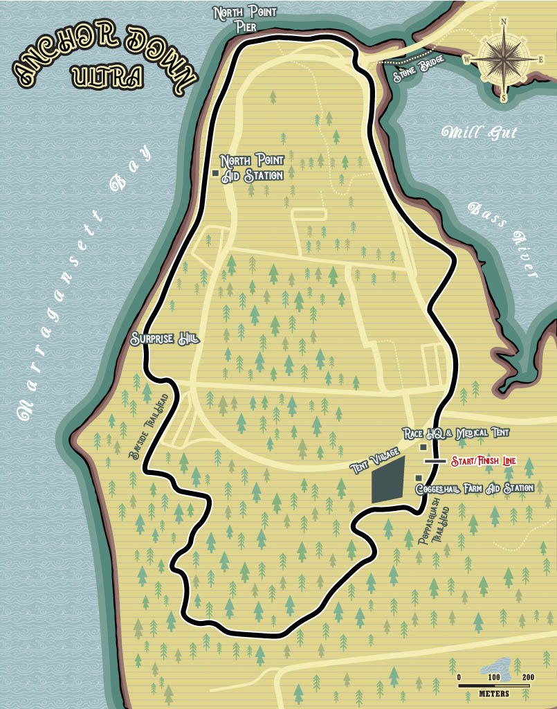 Map of the Anchor Down Ultra Marathon 2.45-mile loop course at Colt State Park, Bristol, RI.