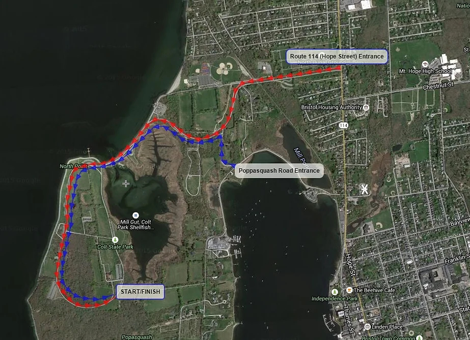 Satellite map showing arrival routes to the Anchor Down Ultra Marathon at Colt State Park, with marked entrances on Route 114 (Hope Street) and Poppasquash Road.