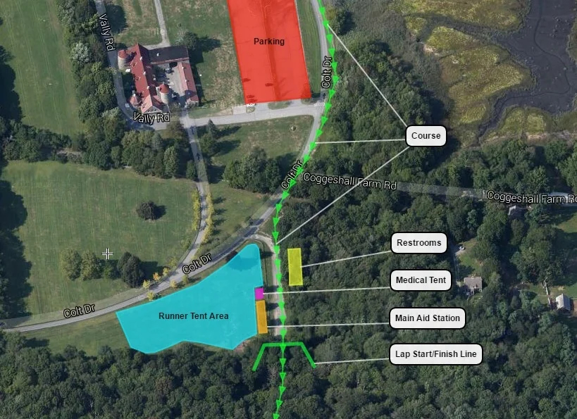 Satellite map of the Anchor Down Ultra Marathon staging area showing locations of parking, runner tent area, restrooms, medical tent, main aid station, and the lap start/finish line.